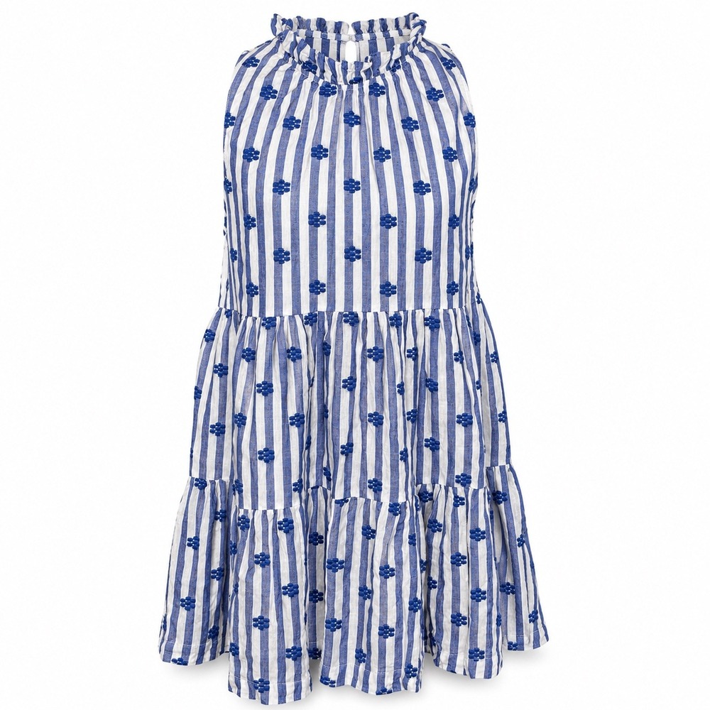 Beau & Ro Mini Dress S Blue White Striped Tiered Coastal Cottagecore Coquette